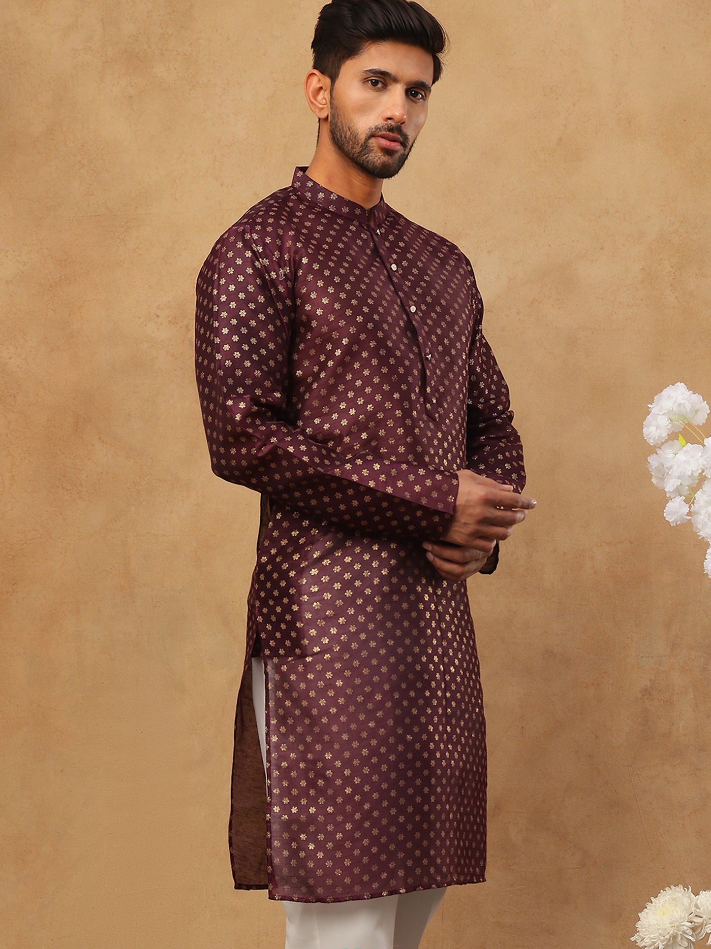 Men Silk Blend Printed Kurta ( ANMKO 309Maroon )