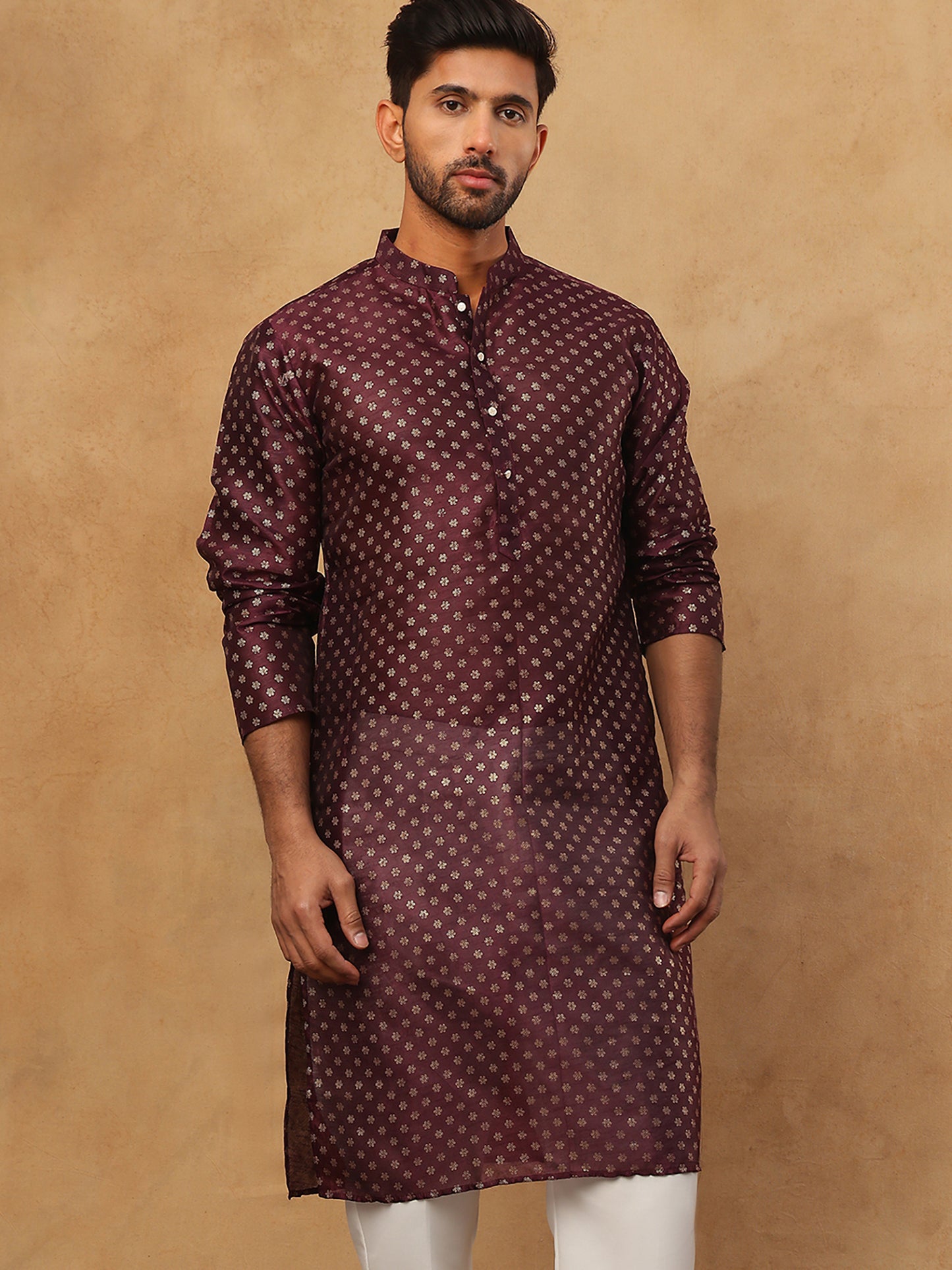 Men Silk Blend Printed Kurta ( ANMKO 309Maroon )