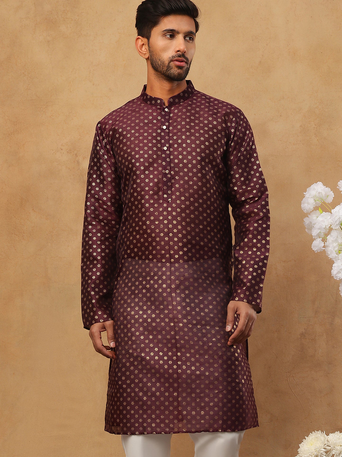 Men Silk Blend Printed Kurta ( ANMKO 309Maroon )