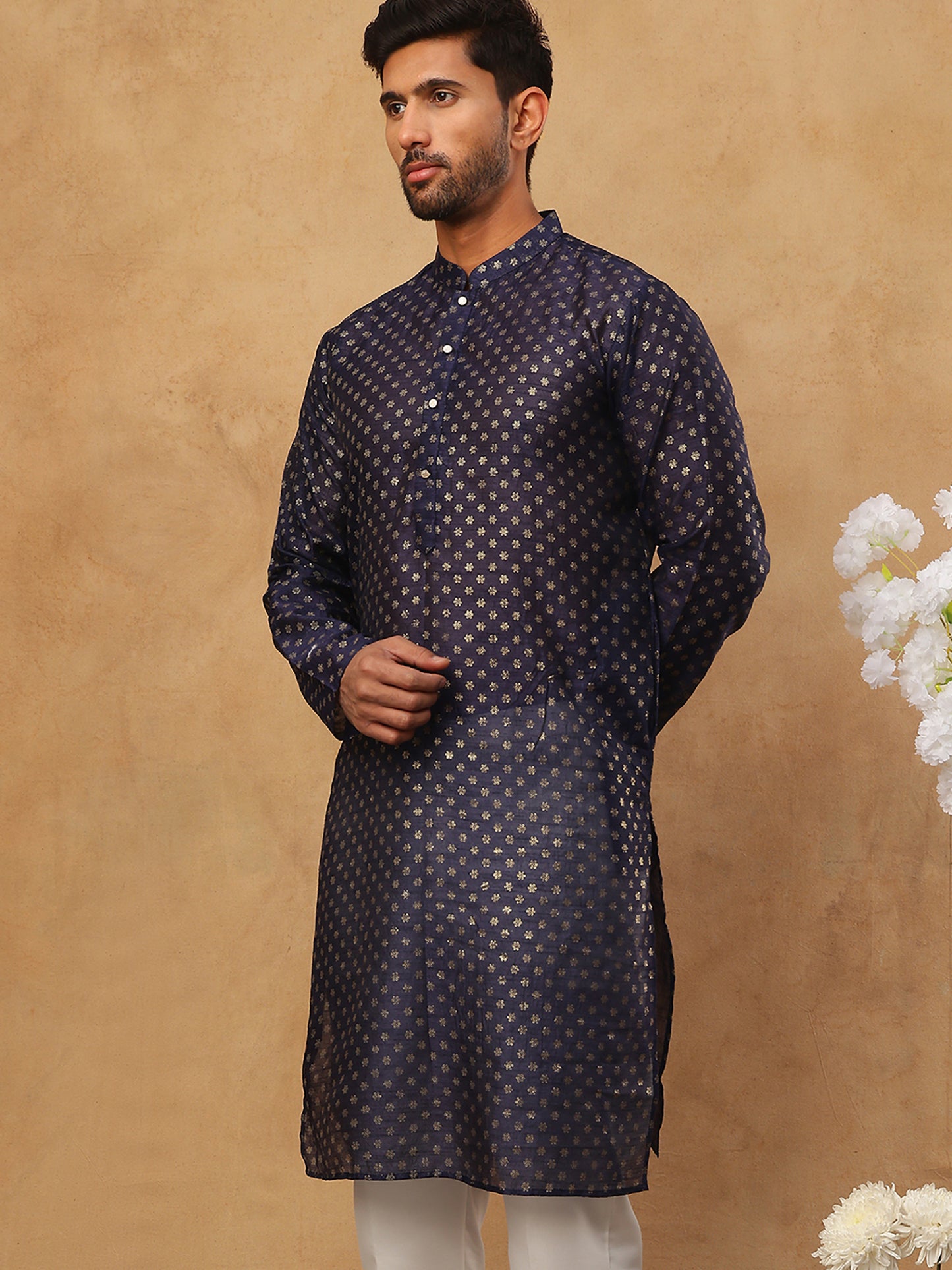 Men Silk Blend Printed Kurta ( ANMKO 309Navy )