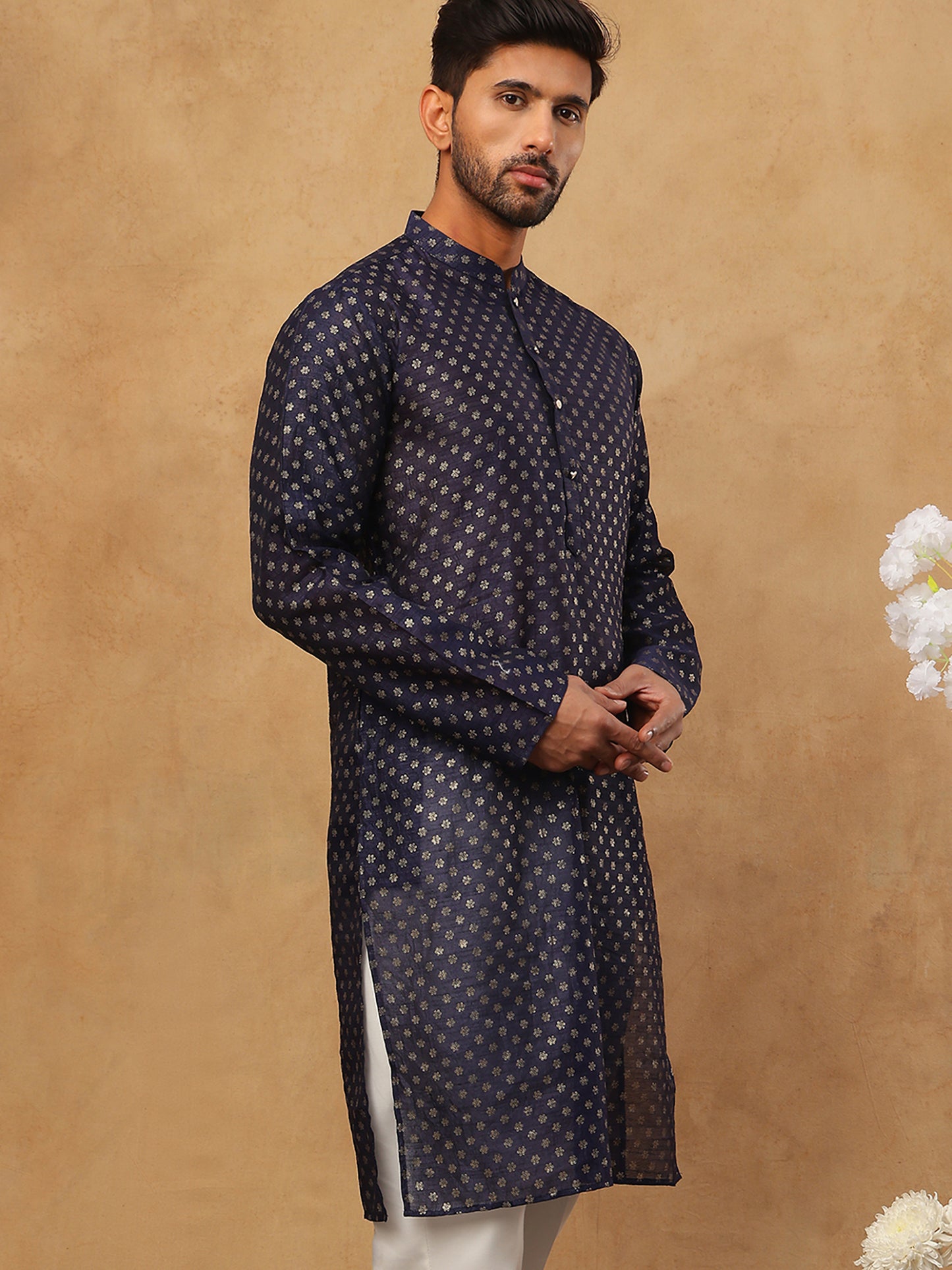 Men Silk Blend Printed Kurta ( ANMKO 309Navy )