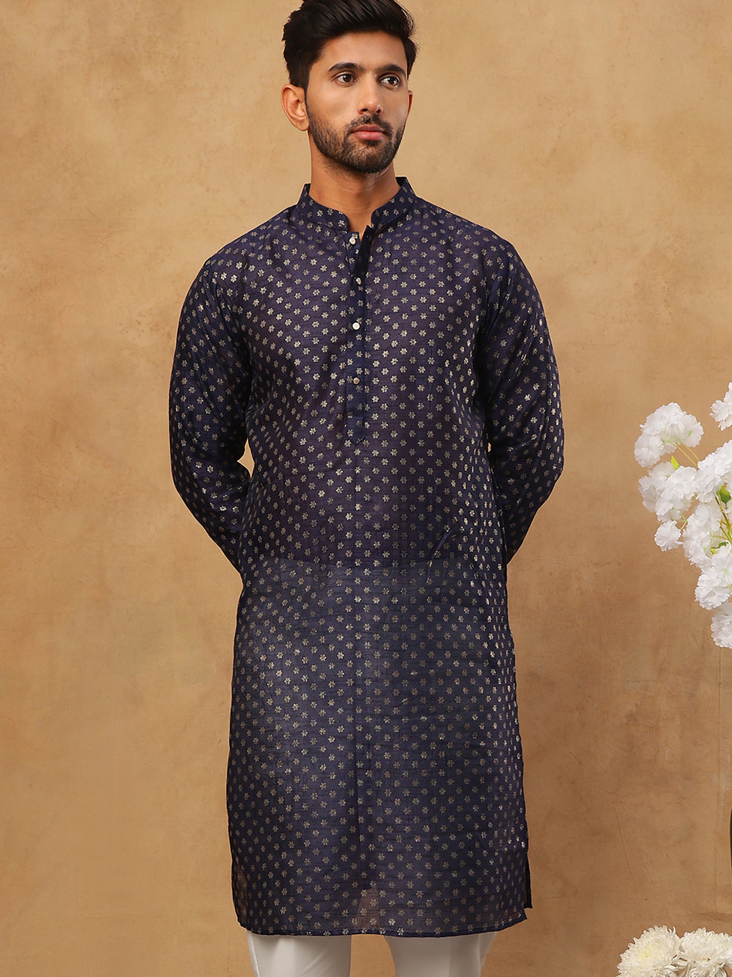 Men Silk Blend Printed Kurta ( ANMKO 309Navy )