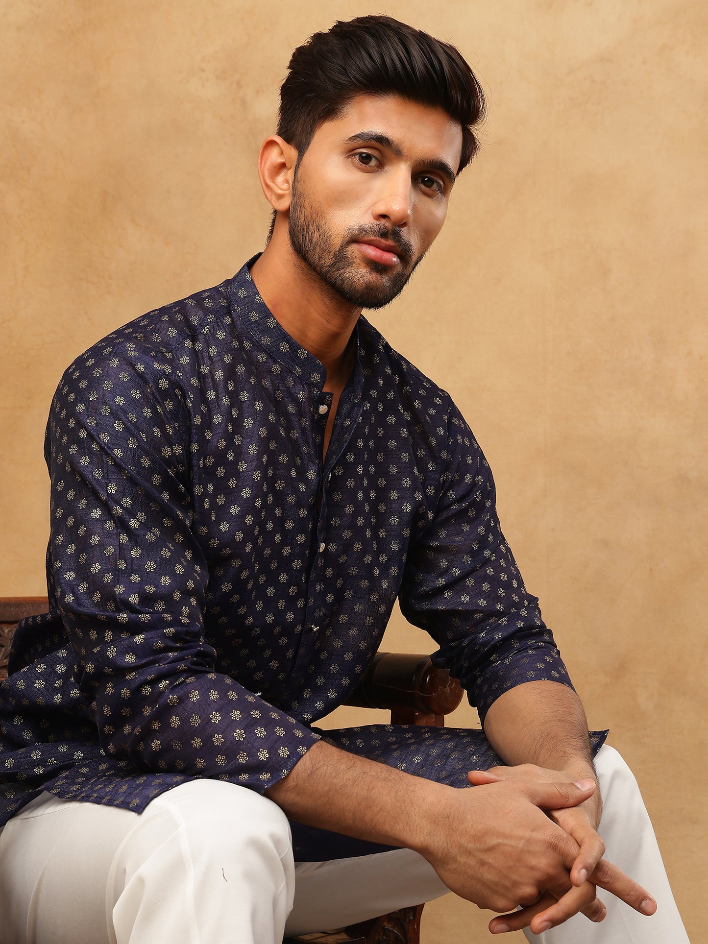 Men Silk Blend Printed Kurta ( ANMKO 309Navy )