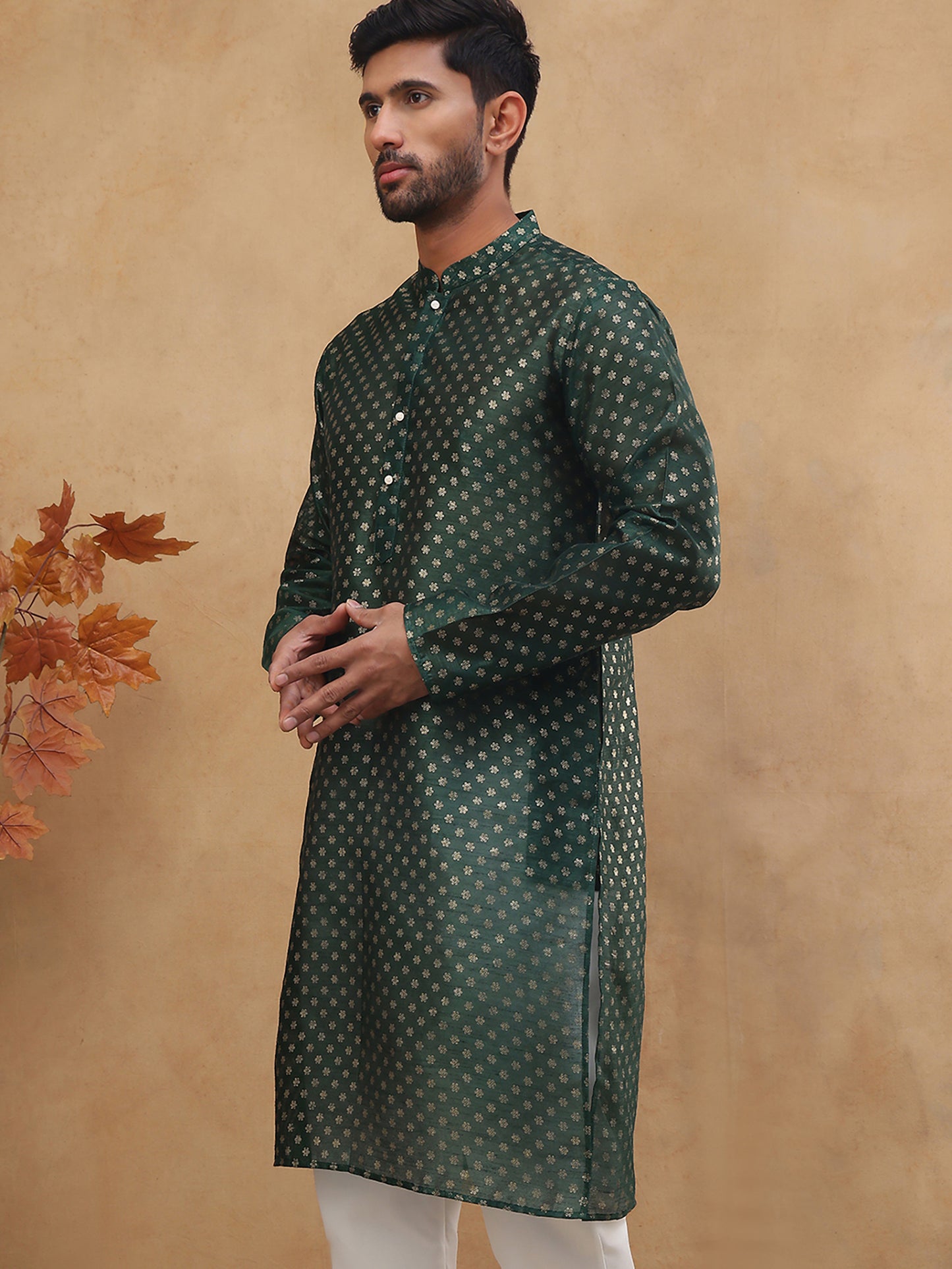 Men Silk Blend Printed Kurta ( ANMKO 309Olive )