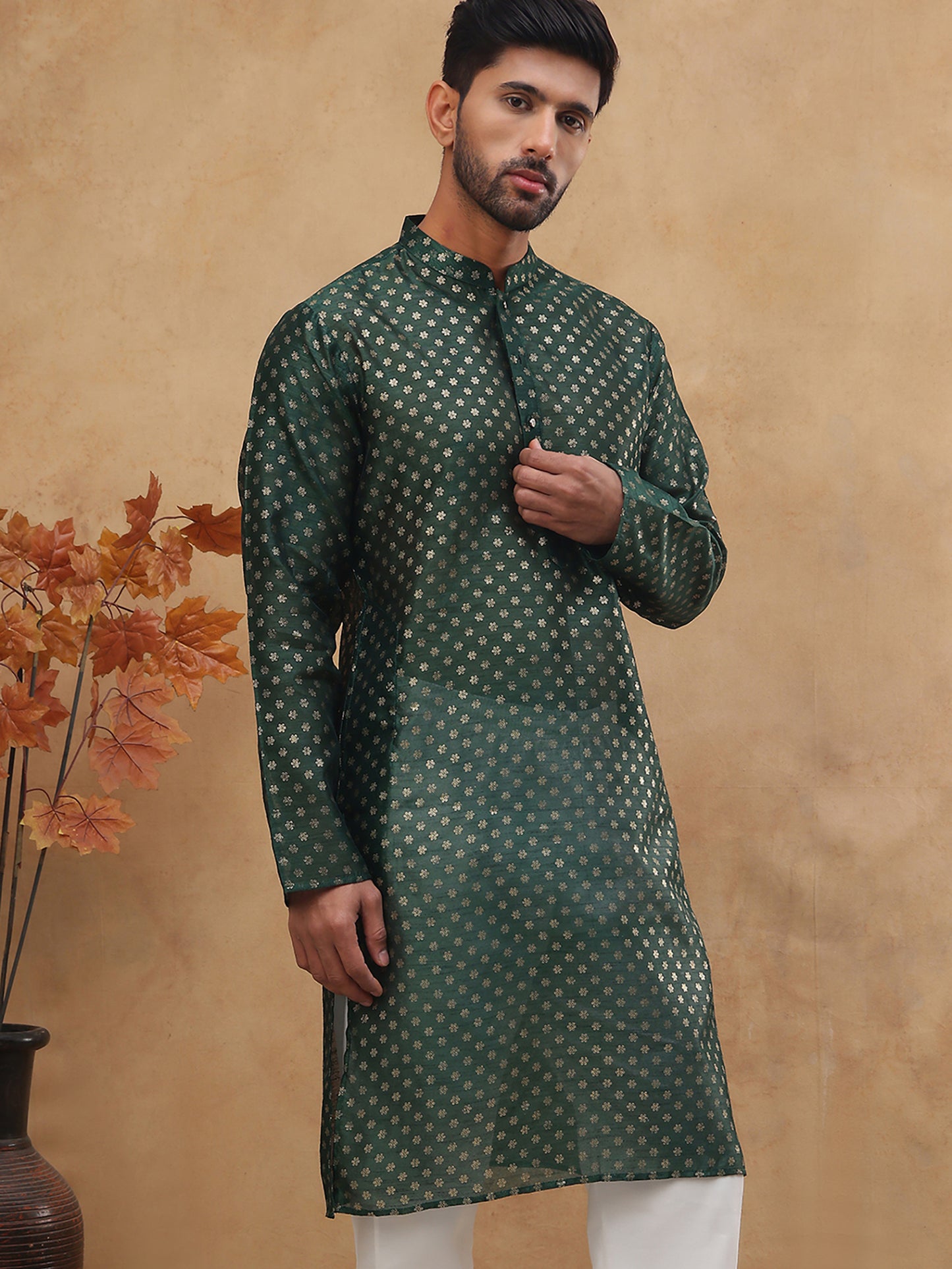 Men Silk Blend Printed Kurta ( ANMKO 309Olive )