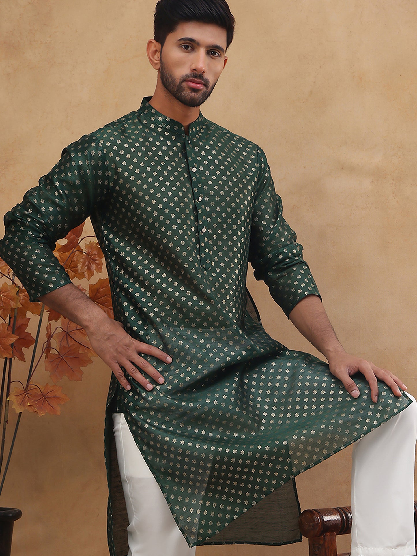 Men Silk Blend Printed Kurta ( ANMKO 309Olive )