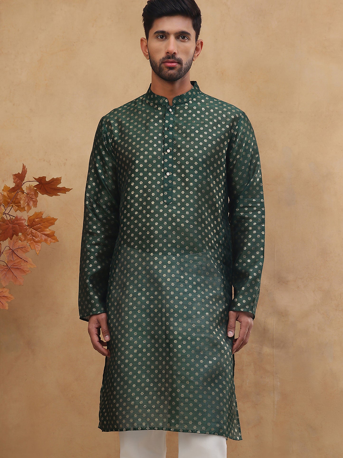 Men Silk Blend Printed Kurta ( ANMKO 309Olive )