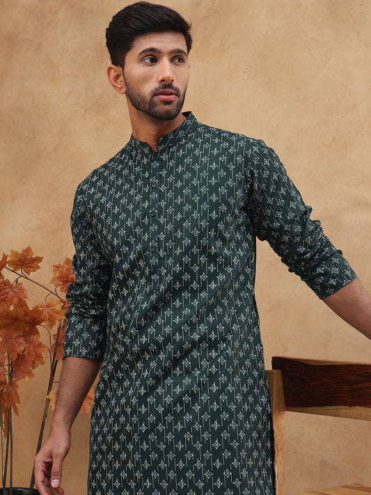 Classic Printed Cotton Blend Kurta ( ANMKO 310Olive )