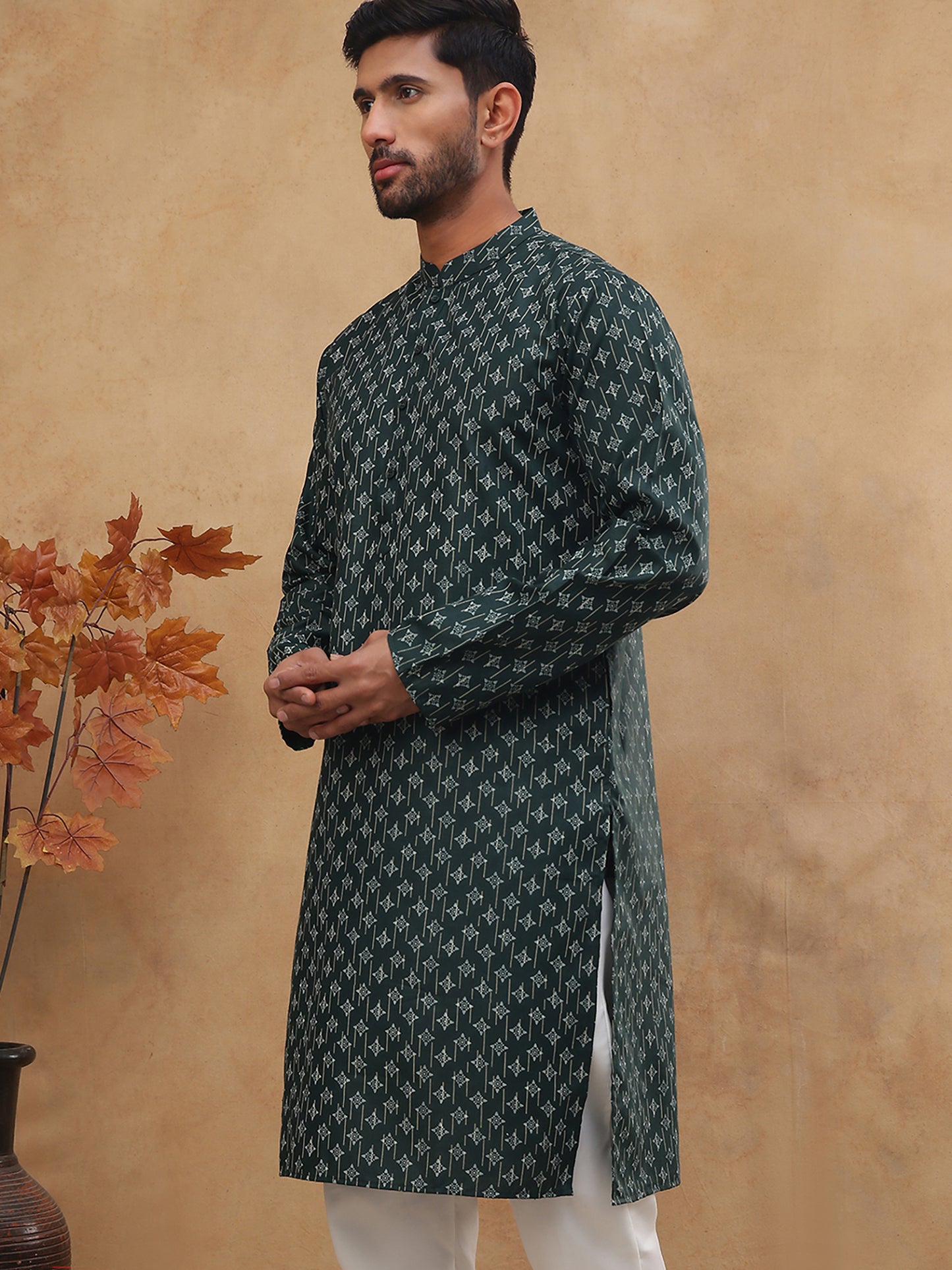 Classic Printed Cotton Blend Kurta ( ANMKO 310Olive )
