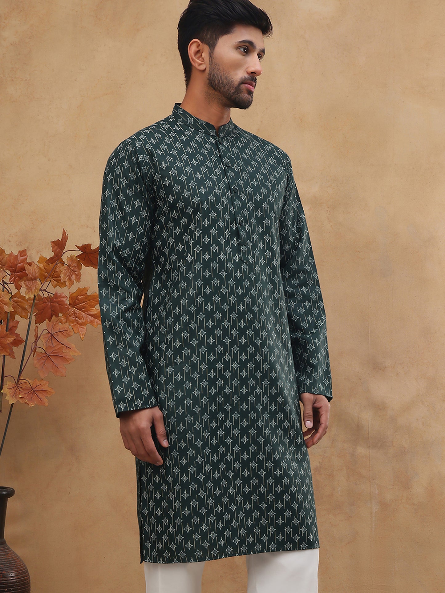 Classic Printed Cotton Blend Kurta ( ANMKO 310Olive )