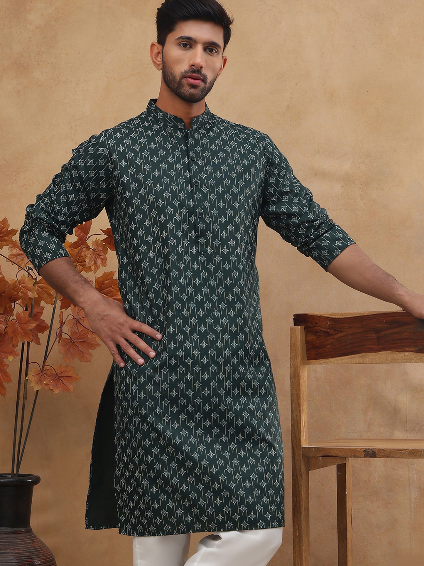 Classic Printed Cotton Blend Kurta ( ANMKO 310Olive )