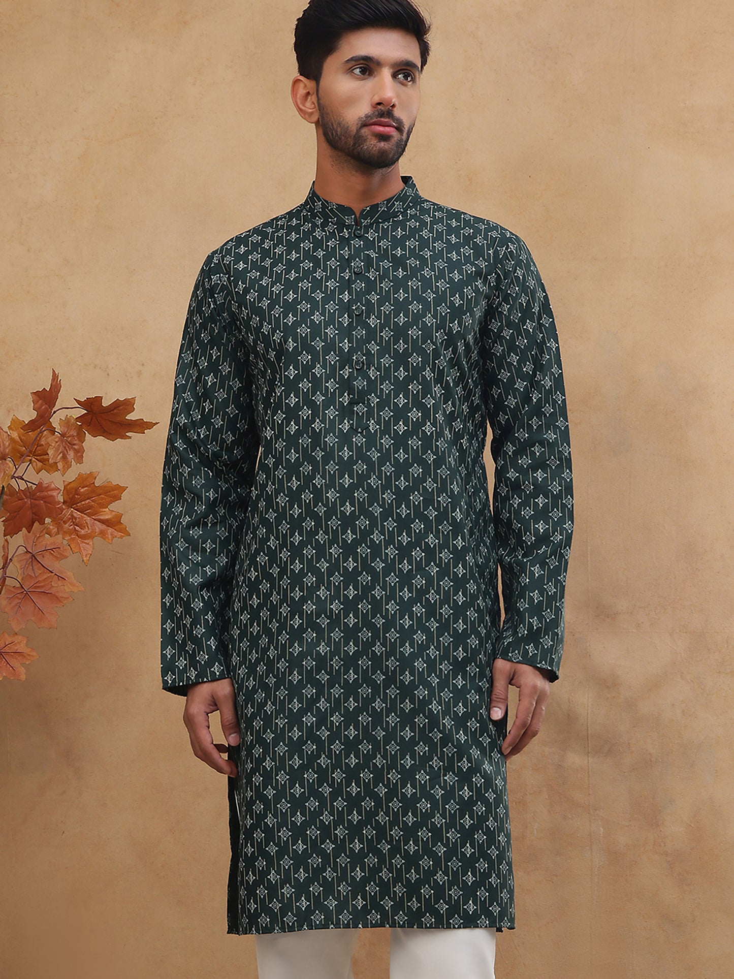 Classic Printed Cotton Blend Kurta ( ANMKO 310Olive )