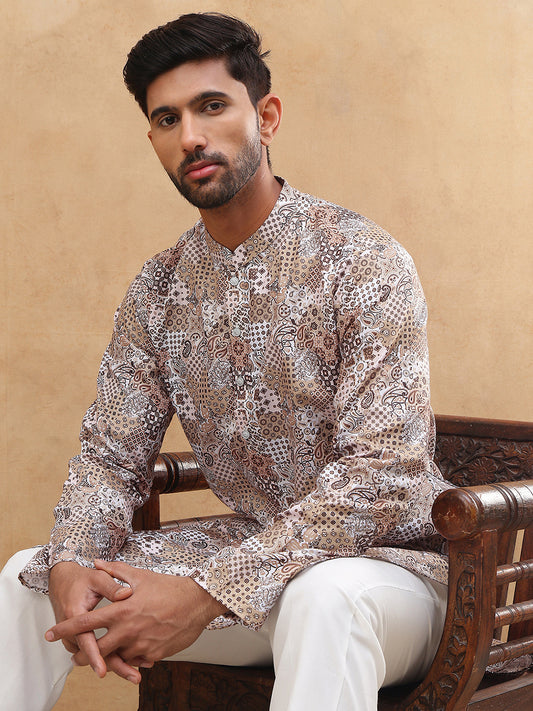 Traditional Printed Cotton Blend Kurta ( ANMKO 313Brown )