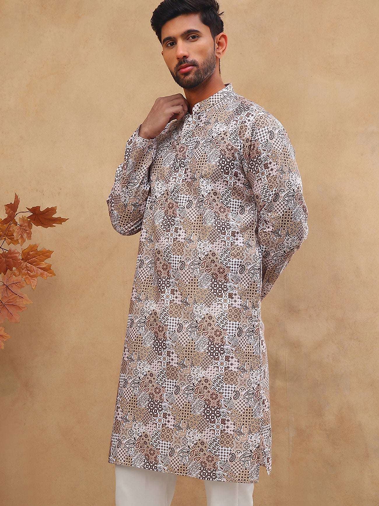 Traditional Printed Cotton Blend Kurta ( ANMKO 313Brown )