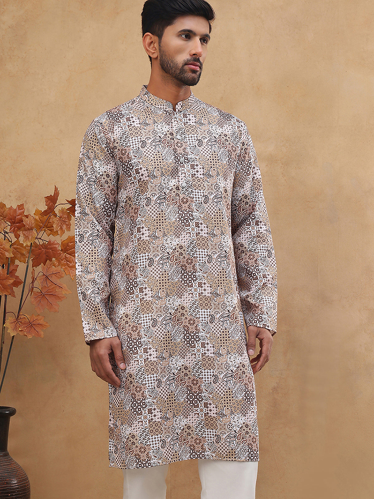 Traditional Printed Cotton Blend Kurta ( ANMKO 313Brown )