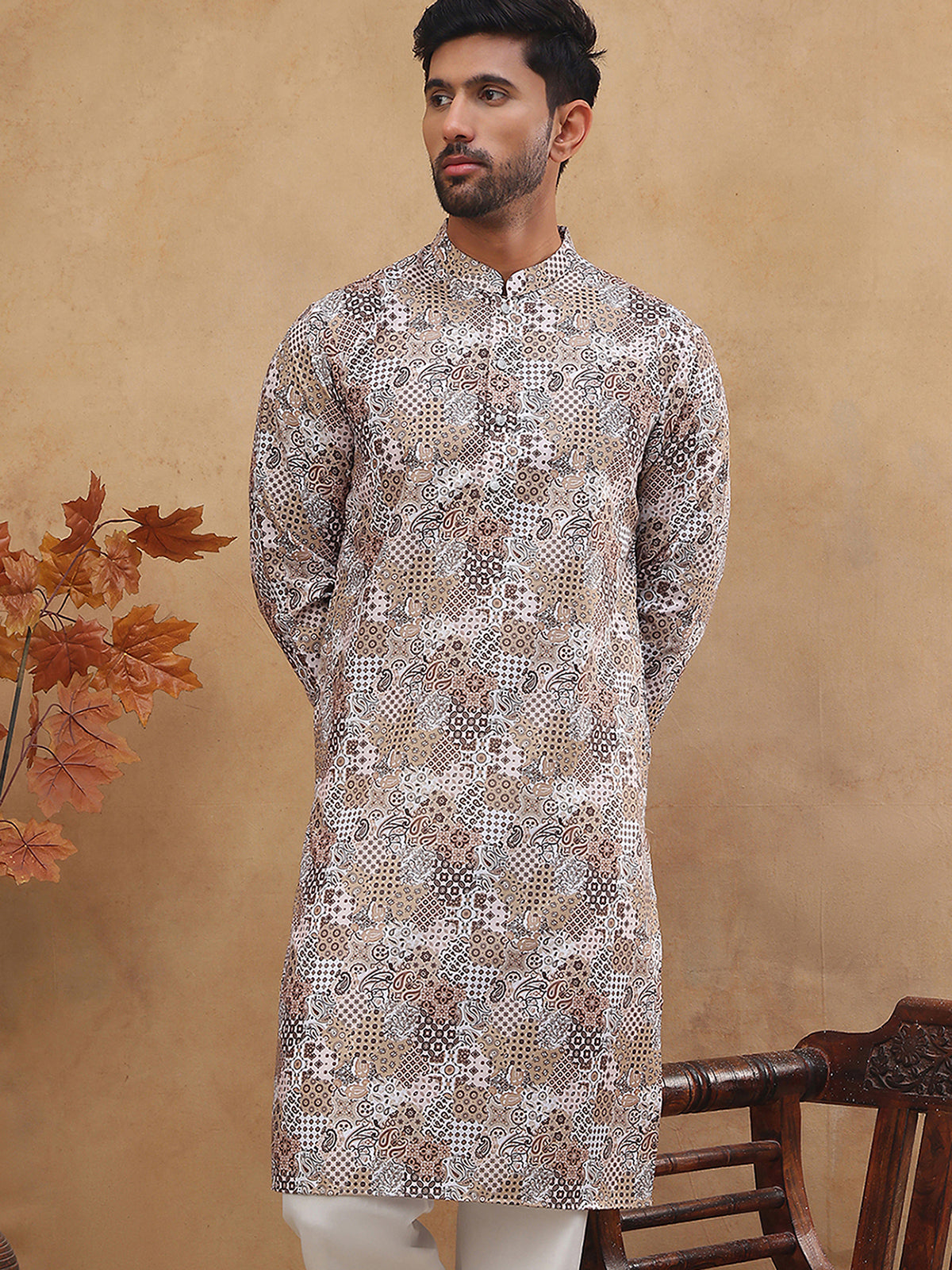Traditional Printed Cotton Blend Kurta ( ANMKO 313Brown )
