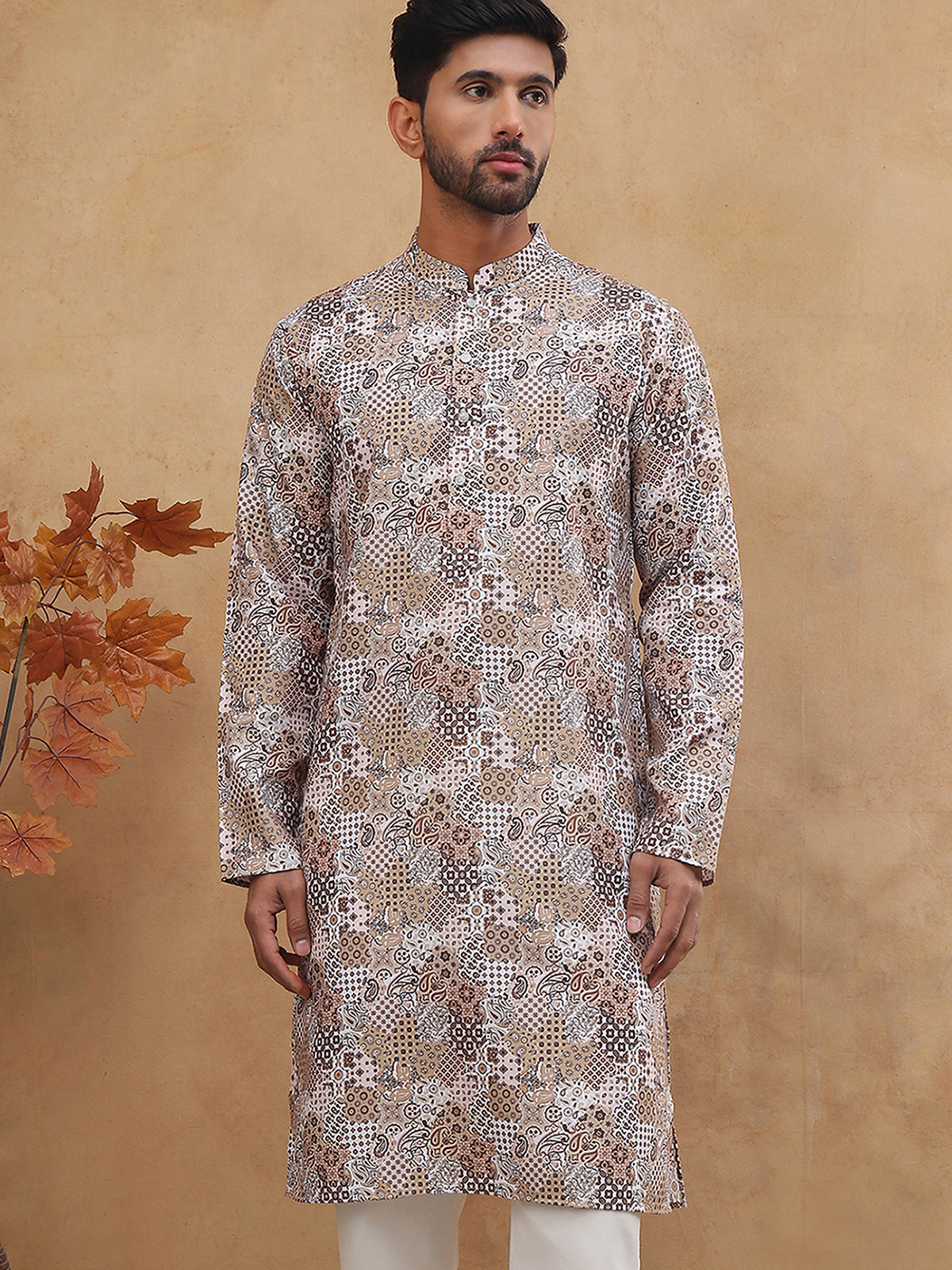 Traditional Printed Cotton Blend Kurta ( ANMKO 313Brown )
