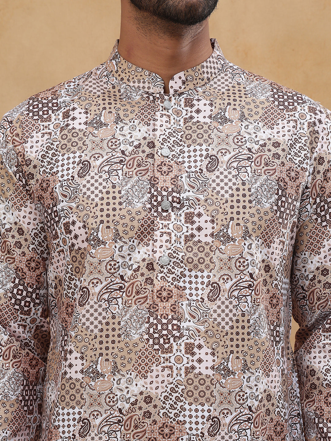 Traditional Printed Cotton Blend Kurta ( ANMKO 313Brown )