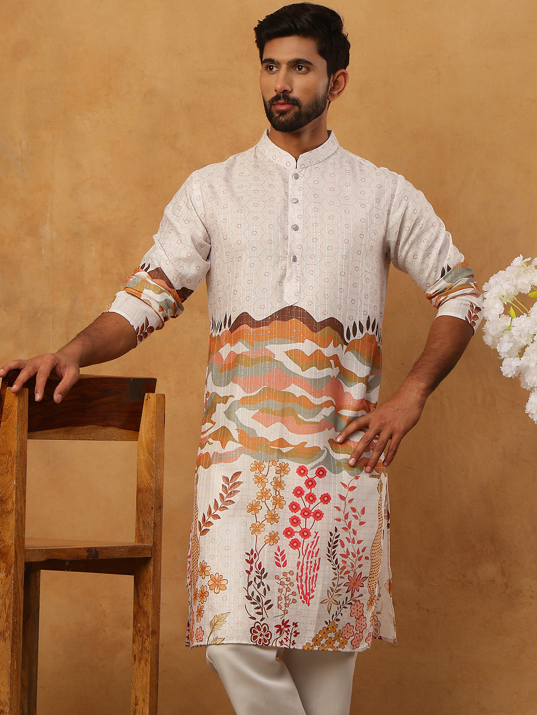 Ethnic Printed and Thread Work Kurta ( ANMKO 314Off-White )