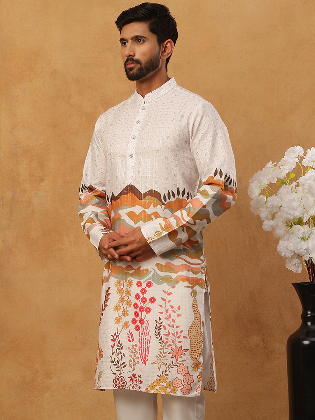 Ethnic Printed and Thread Work Kurta ( ANMKO 314Off-White )