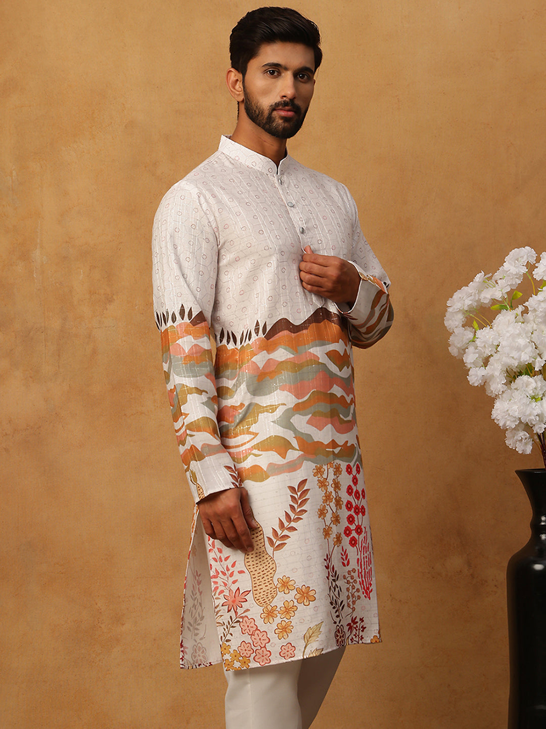 Ethnic Printed and Thread Work Kurta ( ANMKO 314Off-White )