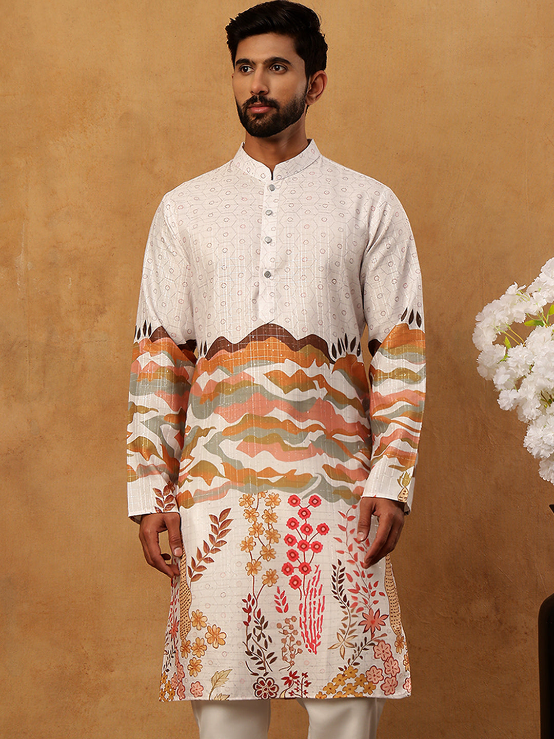 Ethnic Printed and Thread Work Kurta ( ANMKO 314Off-White )