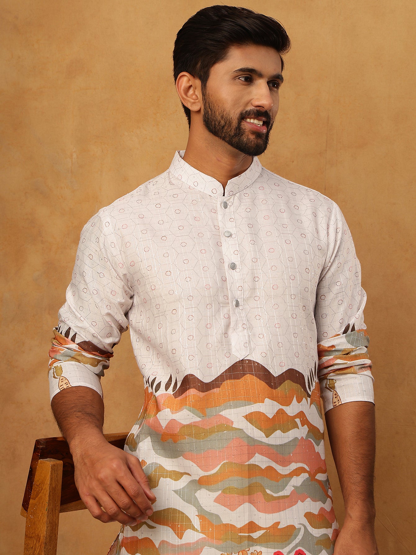 Ethnic Printed and Thread Work Kurta ( ANMKO 314Off-White )