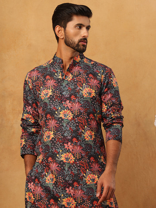 Men’s Cotton Blend Printed Kurta ( ANMKO 315Black )