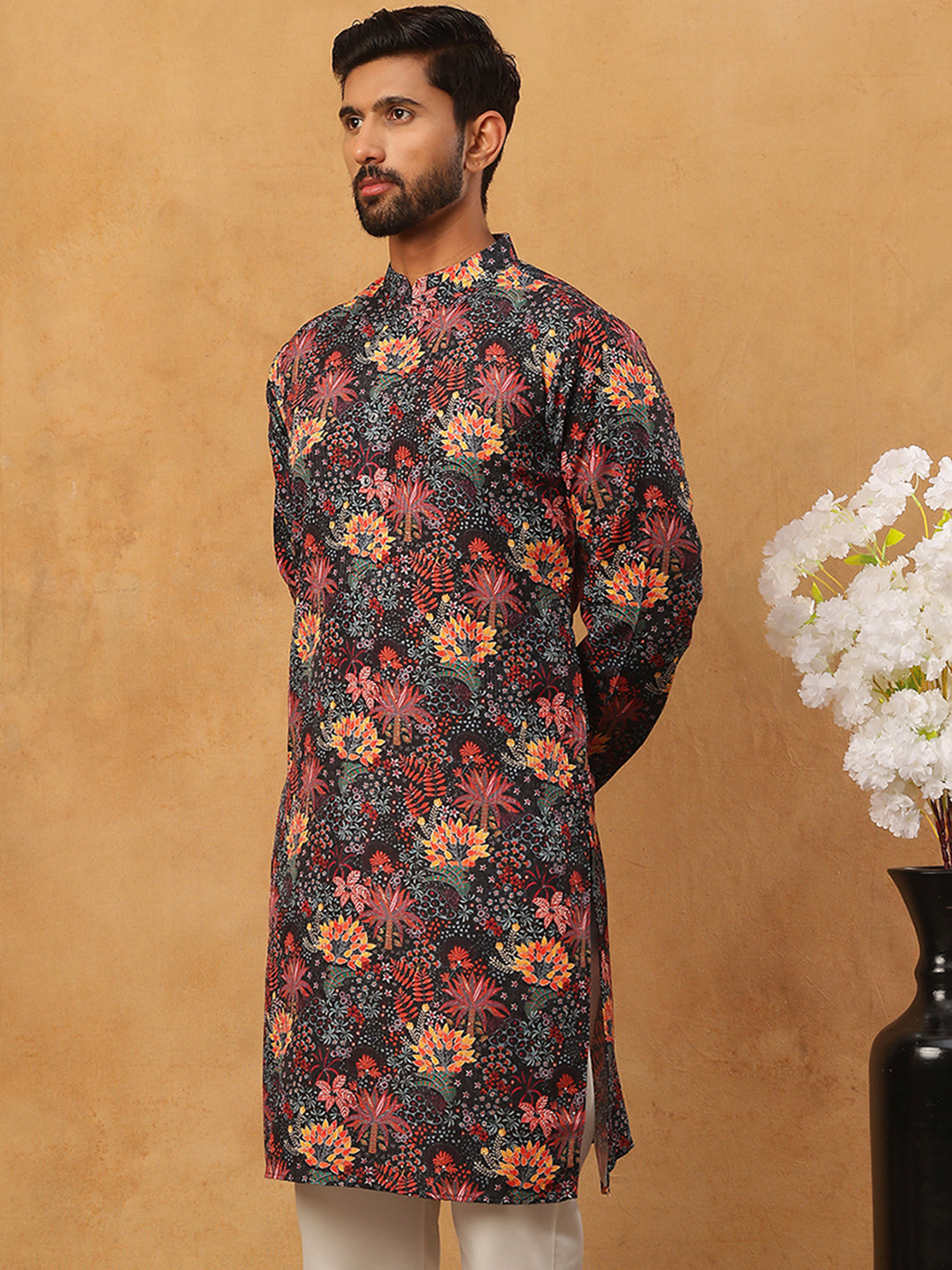 Men’s Cotton Blend Printed Kurta ( ANMKO 315Black )