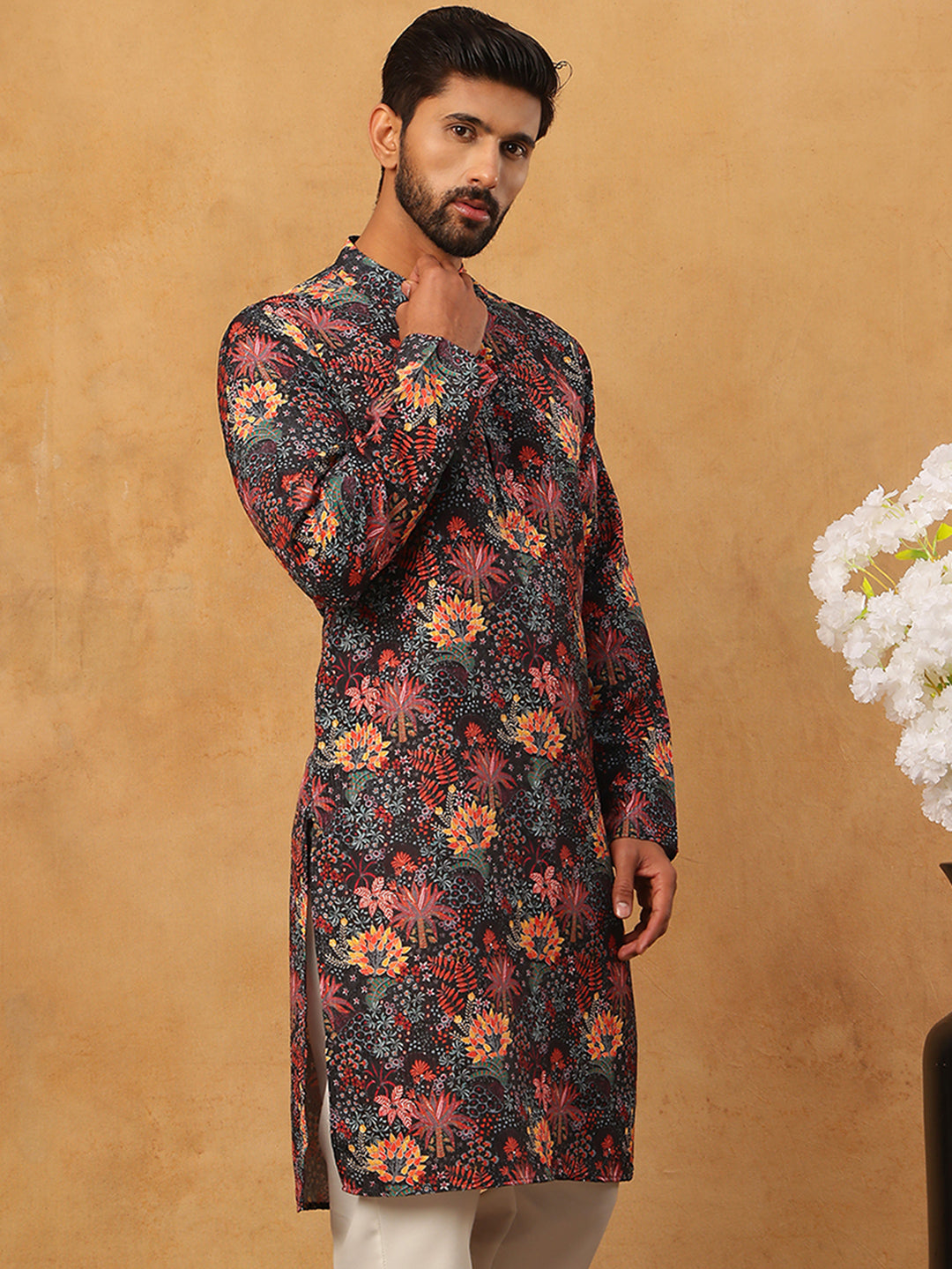 Men’s Cotton Blend Printed Kurta ( ANMKO 315Black )