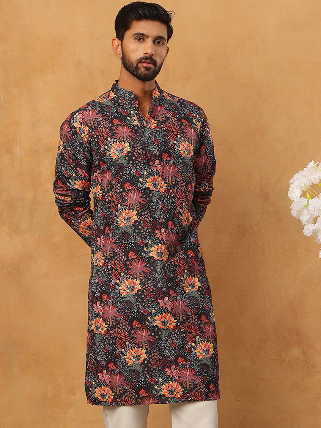 Men’s Cotton Blend Printed Kurta ( ANMKO 315Black )