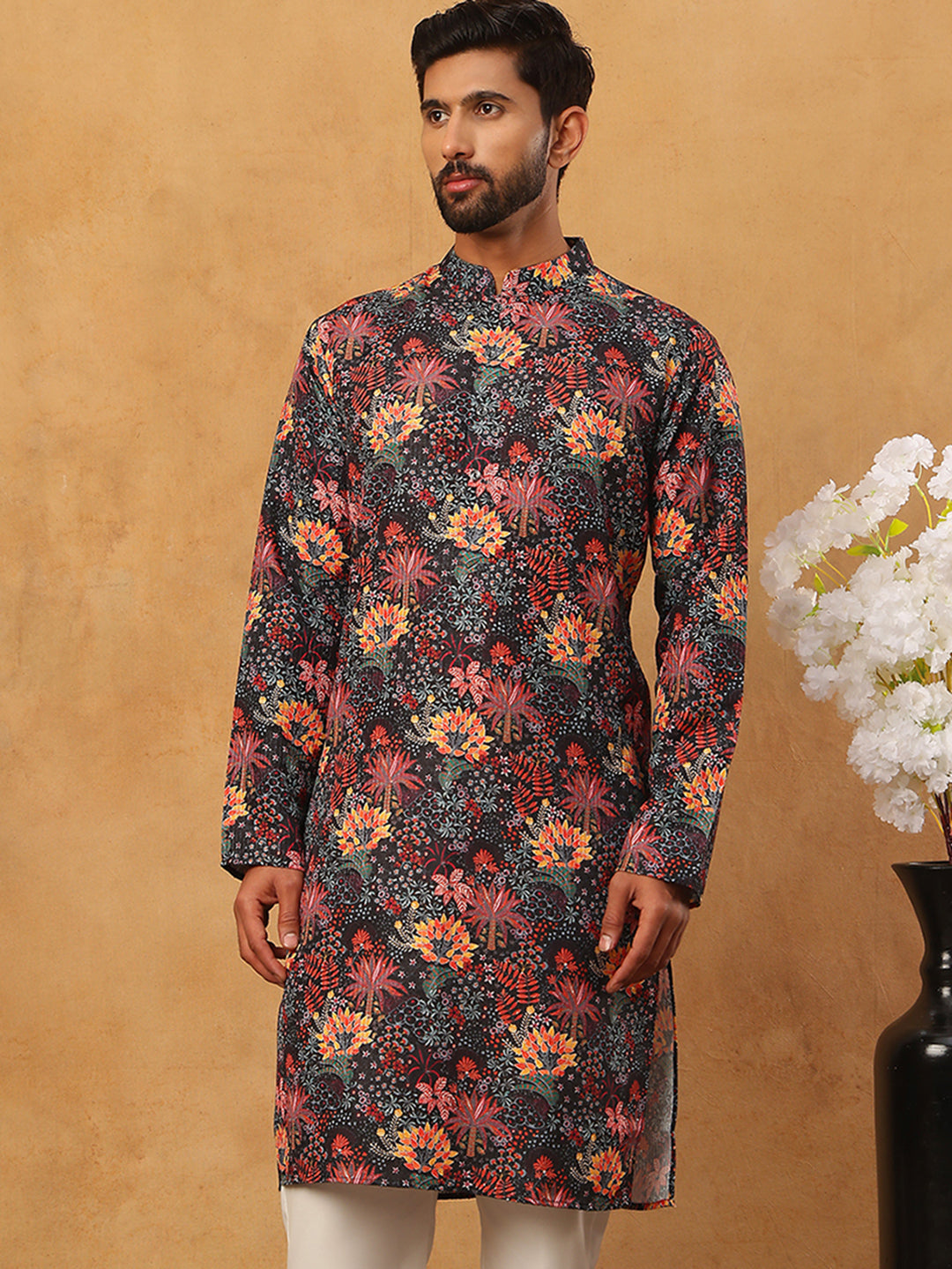 Men’s Cotton Blend Printed Kurta ( ANMKO 315Black )