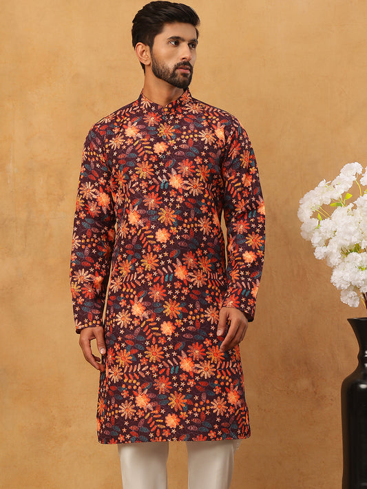 Men’s Cotton Blend Printed Kurta ( ANMKO 315Orange )