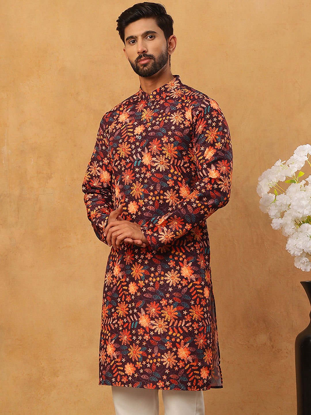 Men’s Cotton Blend Printed Kurta ( ANMKO 315Orange )
