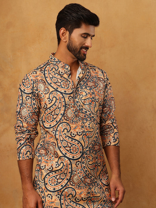 Printed Cotton Blend Kurta ( ANMKO 316Orange )