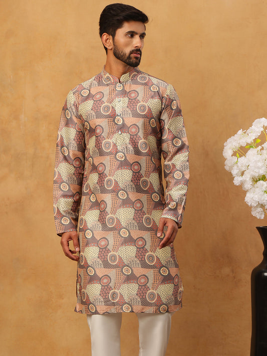 Traditional Printed Cotton Blend Kurta ( ANMKO 317Brown )