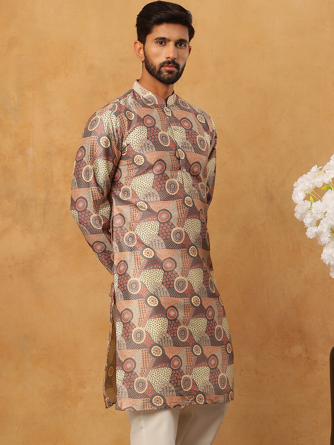 Traditional Printed Cotton Blend Kurta ( ANMKO 317Brown )