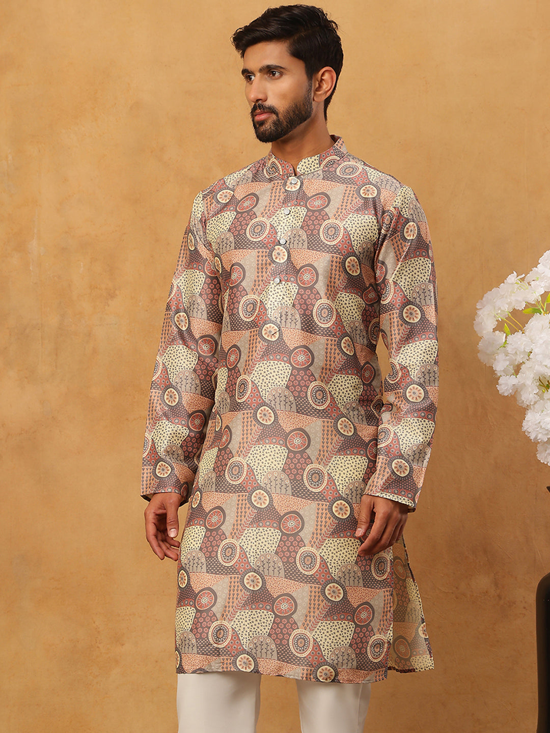 Traditional Printed Cotton Blend Kurta ( ANMKO 317Brown )
