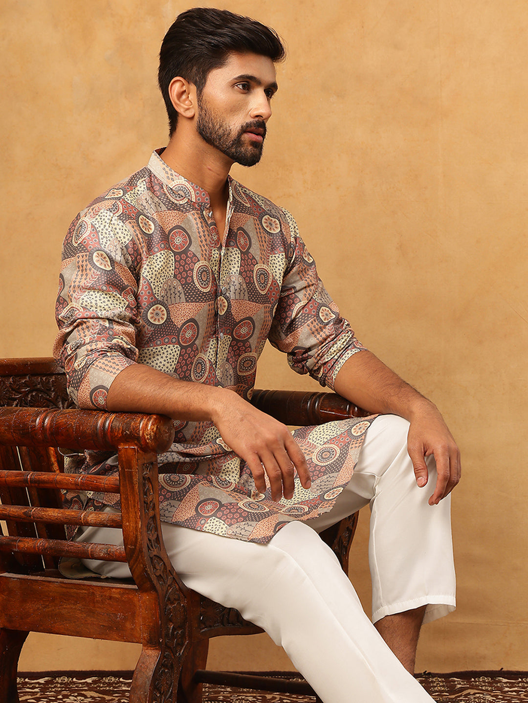 Traditional Printed Cotton Blend Kurta ( ANMKO 317Brown )