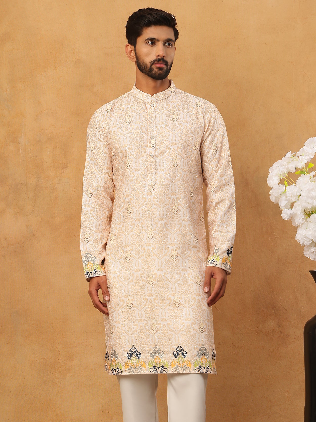 Printed Cotton Blend Kurta with Thread Work ( ANMKO 319Peach )