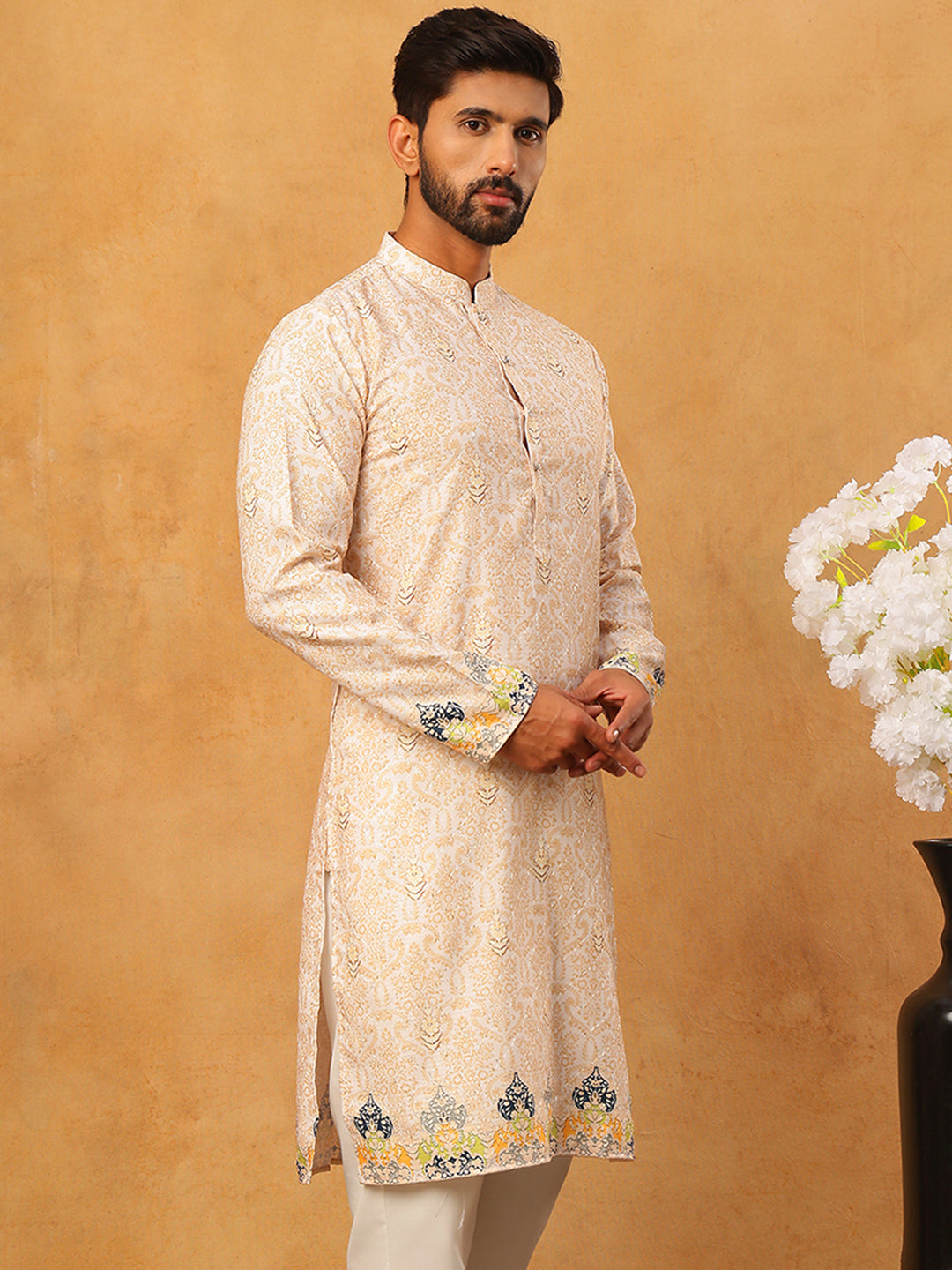 Printed Cotton Blend Kurta with Thread Work ( ANMKO 319Peach )
