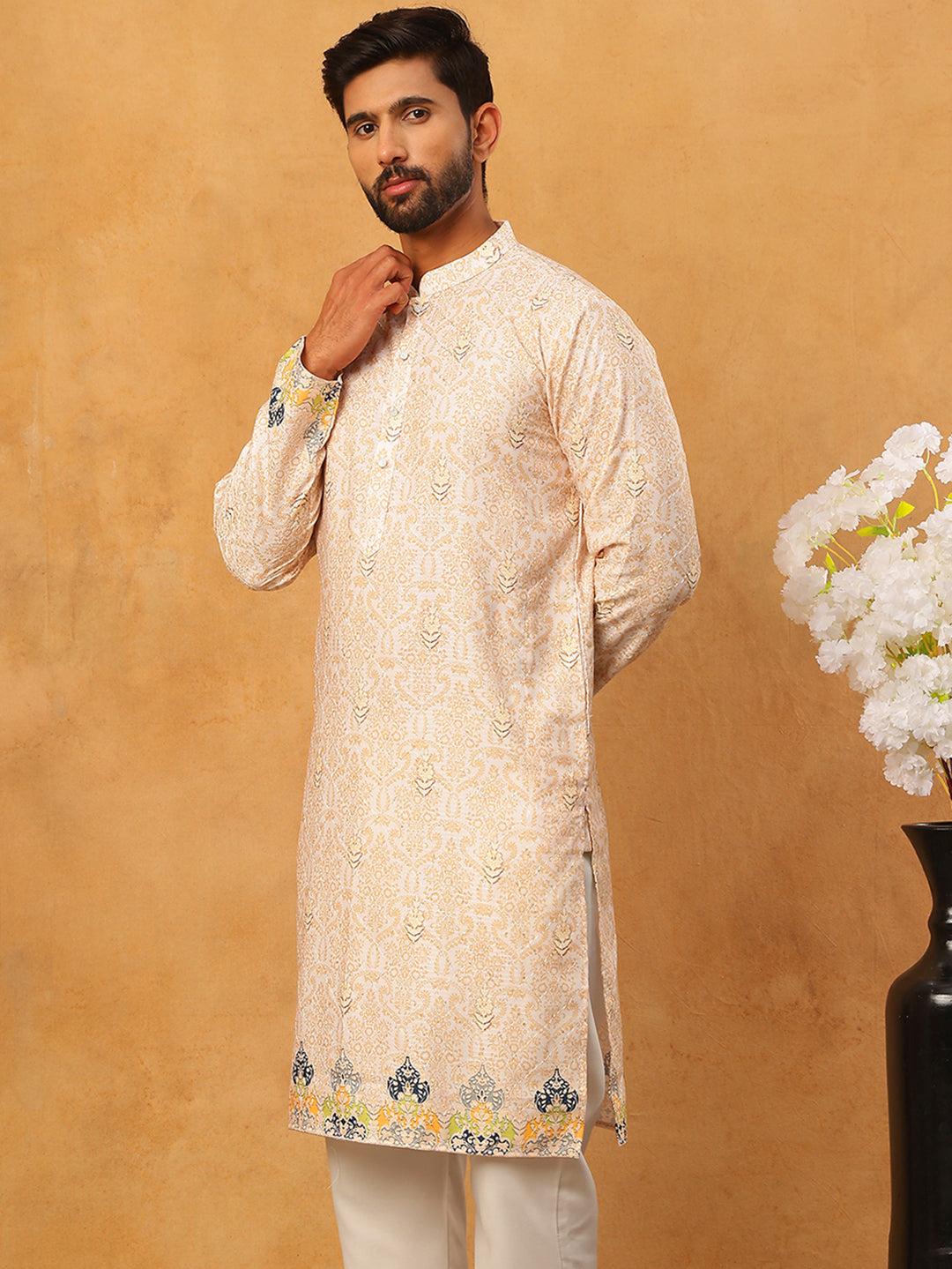 Printed Cotton Blend Kurta with Thread Work ( ANMKO 319Peach )