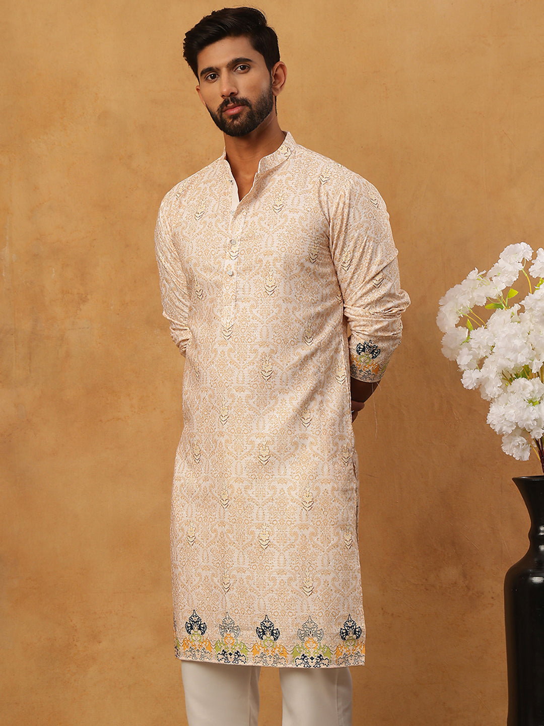 Printed Cotton Blend Kurta with Thread Work ( ANMKO 319Peach )