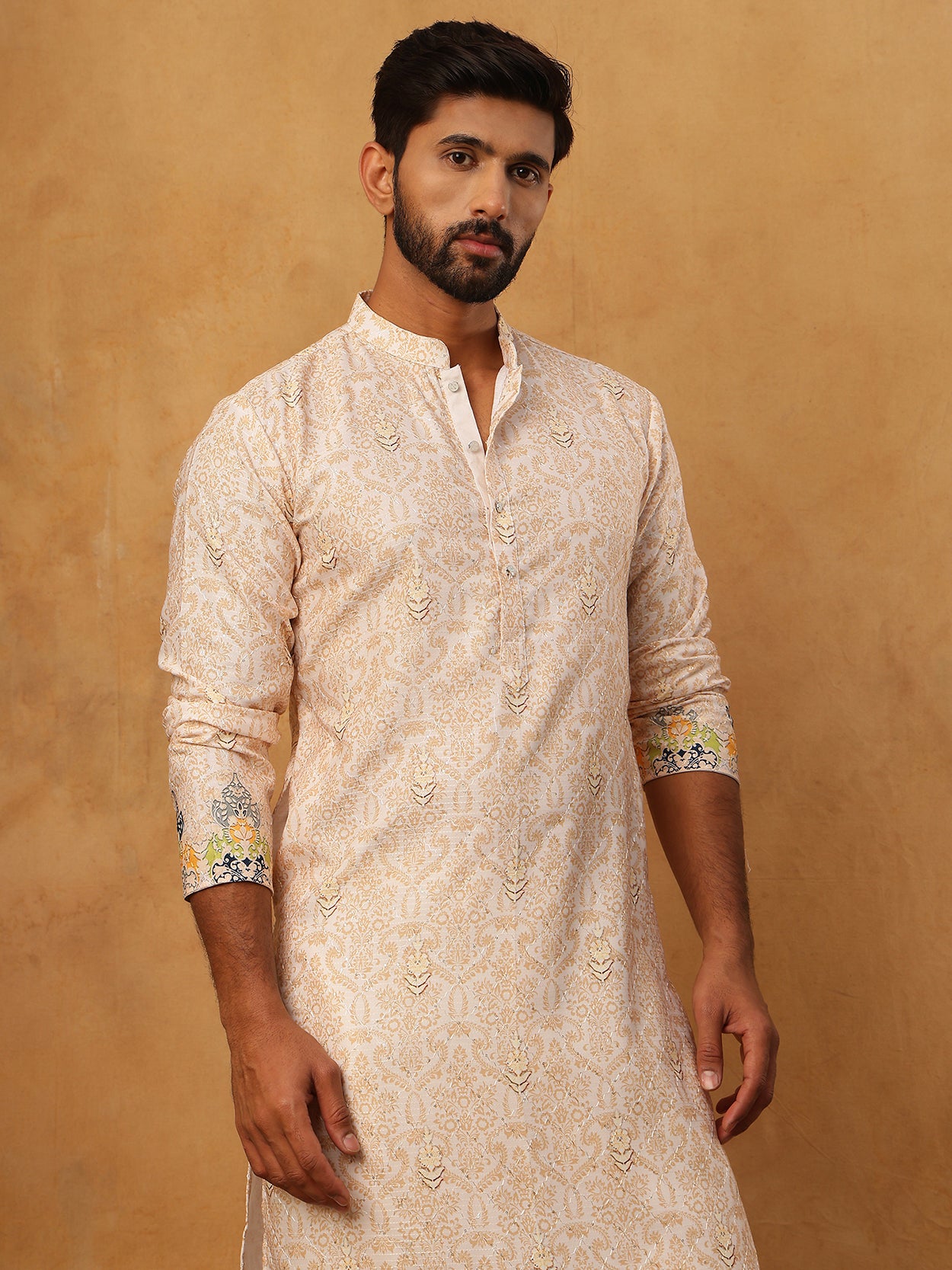 Printed Cotton Blend Kurta with Thread Work ( ANMKO 319Peach )