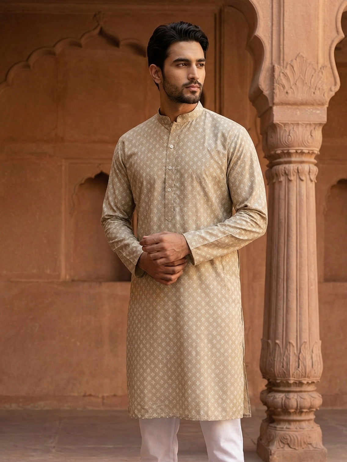 Men’s Ethnic Printed Kurta ( ANMKO 322Beige )