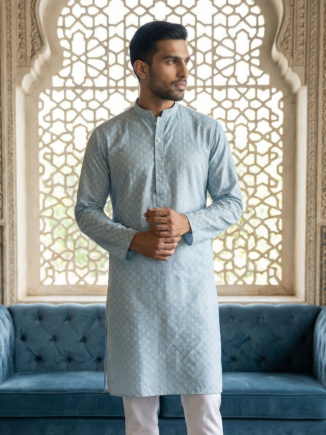 Men’s Ethnic Printed Kurta ( ANMKO 322Sky )