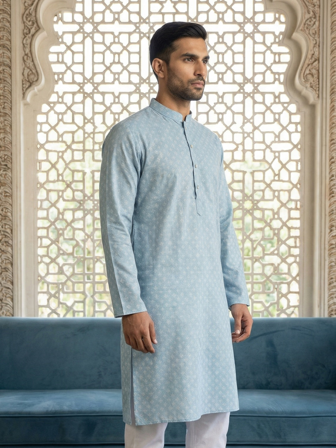 Men’s Ethnic Printed Kurta ( ANMKO 322Sky )