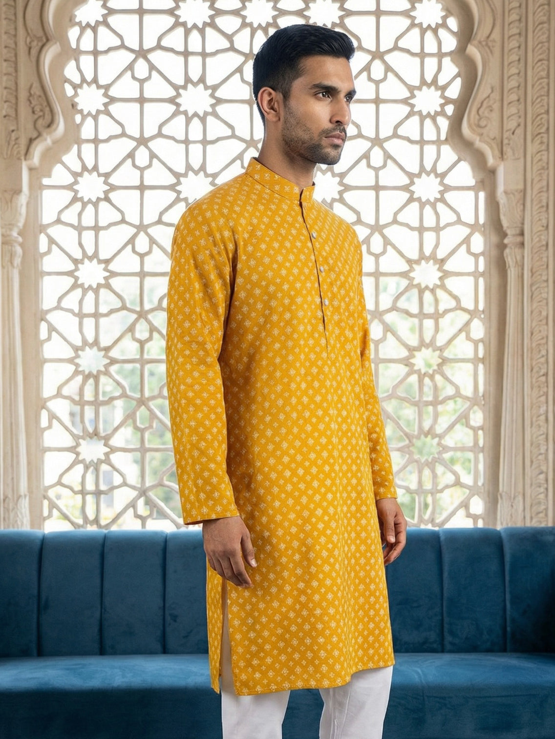 Men’s Ethnic Printed Kurta ( ANMKO 322Yellow )