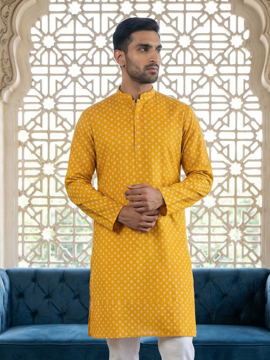 Men’s Ethnic Printed Kurta ( ANMKO 322Yellow )
