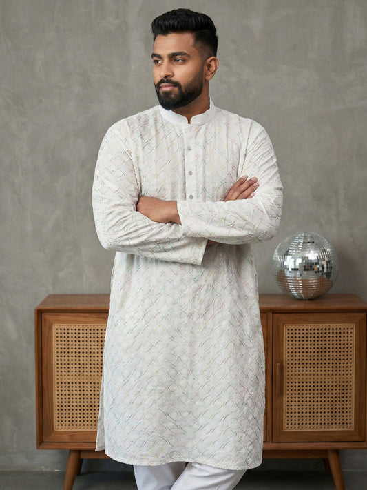 Men's Silk Blend Embroidered Ethnic Kurta Set ( ANMKO 329White )